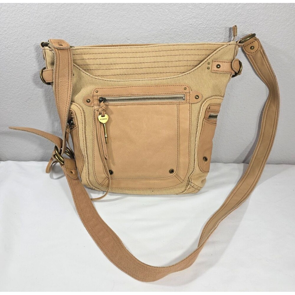 Fossil Tan Canvas & Leather crossbody bag w/ Key Charm Y2K Vintage